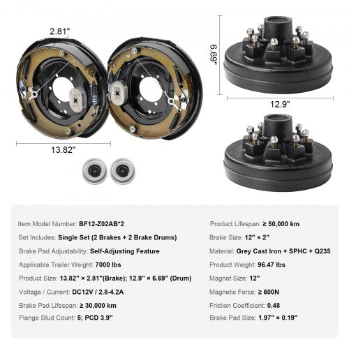 Trailer Hub Drum Kits 8 on 65 BC with 12 x 2 Electric Brakes