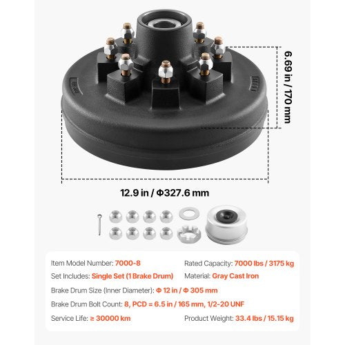 Electric Trailer Brake Drum 1 Pack 8Hole on 4Inch Bolt Circle Brake Drum