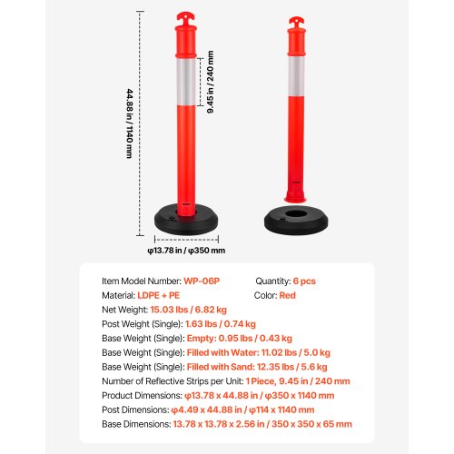 6 Pack Traffic Delineator Posts 48 inches Traffic Safety Cones with Fillable