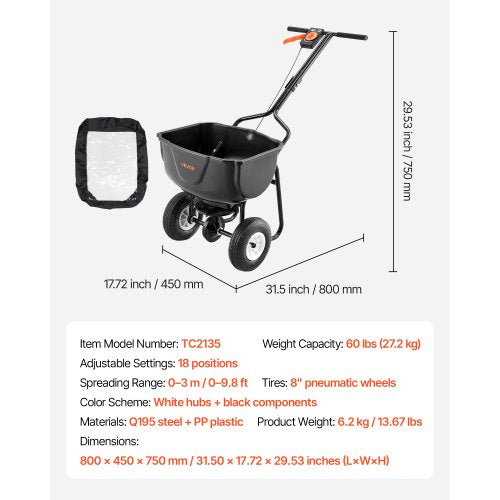 Broadcast Spreader 60LBS Capacity WalkBehind Push Spreader9.8 ft