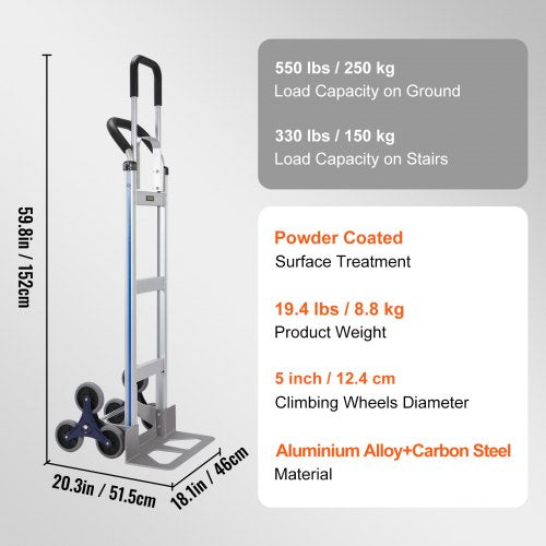 Stair Climbing Cart 550 lbs Load Capacity Aluminum Hand Truck Dolly with Dual