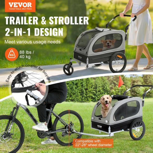 Dog Bike Trailer Supports up to 88 lbs 2in1 Pet Stroller Cart Bicycle