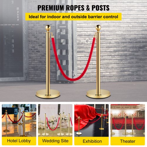 Velvet Ropes and Posts 5 ft1.5 m Red Rope Stainless Steel Gold Stanchion