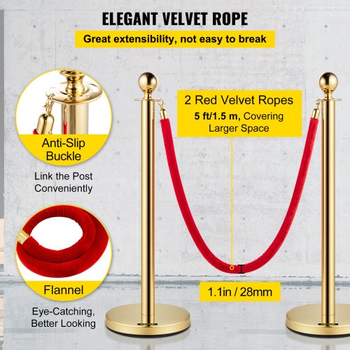 Velvet Ropes and Posts 5 ft1.5 m Red Rope Stainless Steel Gold Stanchion