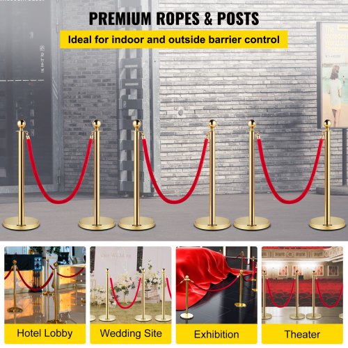 Velvet Ropes and Posts 5 ft1.5 m Red Rope Stainless Steel Gold Stanchion