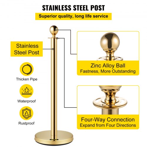 Velvet Ropes and Posts 5 ft1.5 m Red Rope Stainless Steel Gold Stanchion