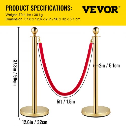 Velvet Ropes and Posts 5 ft1.5 m Red Rope Stainless Steel Gold Stanchion