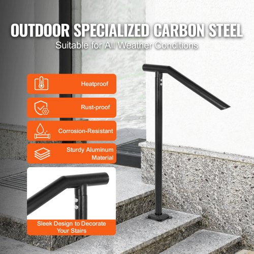 3Ft Step Railing Iron Stair Handrail Floor Mounted Sturdy Black Arched
