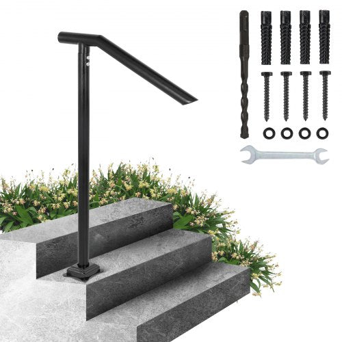 3Ft Step Railing Iron Stair Handrail Floor Mounted Sturdy Black Arched