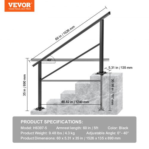 Outdoor Handrail 165LBS Load Handrail Outdoor Stairs Aluminum Stair Handrail