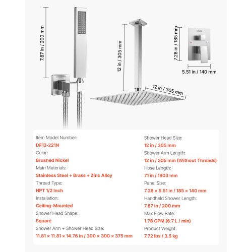 Shower Faucet Set Rainfall Bathroom Shower System with 12Inch Square Rain