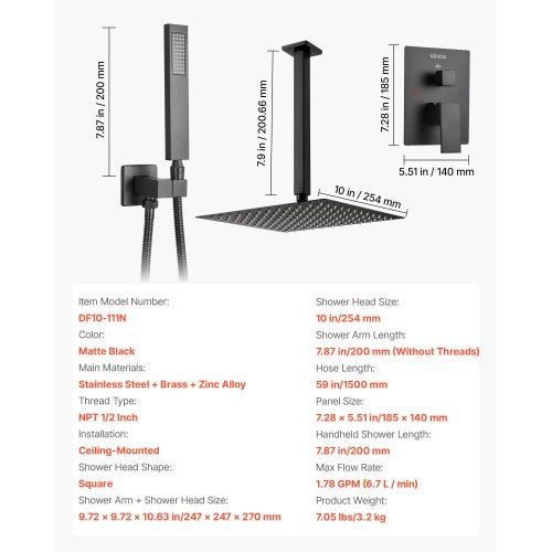 Shower Faucet Set Rainfall Bathroom Shower System with 10Inch Square Rain