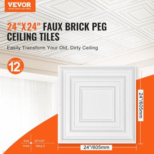 Ceiling Tiles 12Pack 24 x 24 in PVC Easy Installation White Peg Pattern  72 L