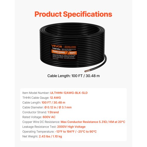 12 AWG Solid THHN Wire 100 OFC Copper Electrical Building Wire with Nylon