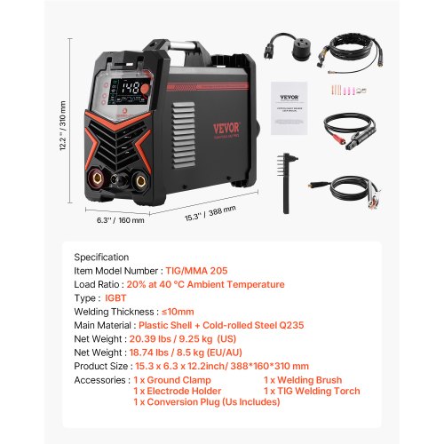 TIG Welder 205A 3In1 Welding Machine Large LED Display DC TIGDC Pulse