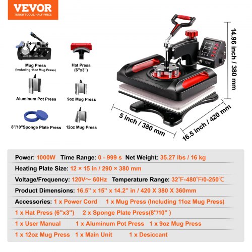 Heat Press Machine 12 x 15 Inch 8 in 1 Heat Press Sublimation Machine 360°
