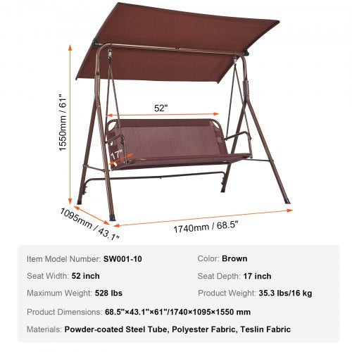 3Person Patio Swing Chair Outdoor Patio Swing with Adjustable Canopy