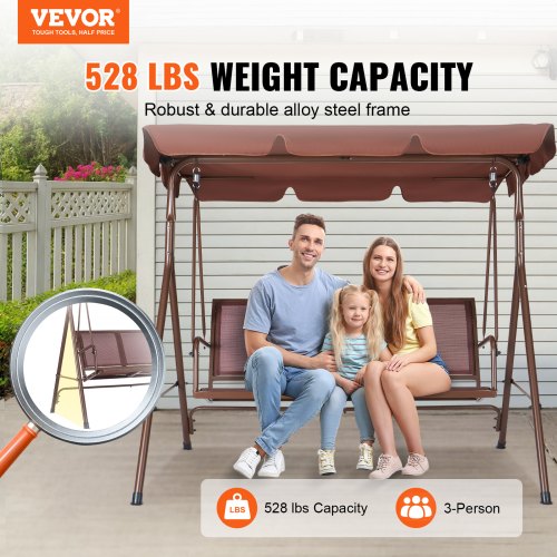 3Seat Patio Swing Chair Outdoor Patio Swing with Adjustable Canopy Porch