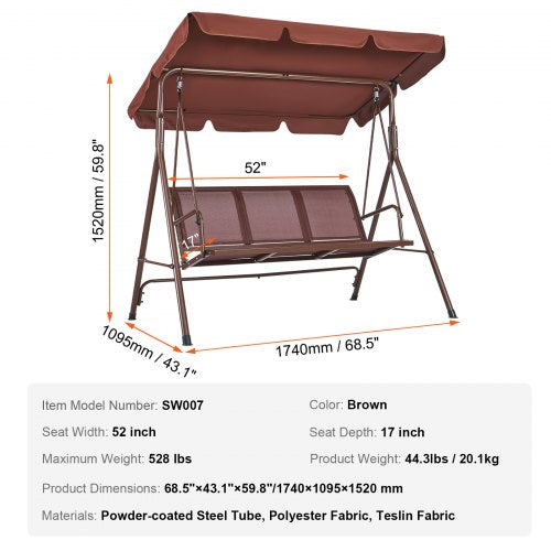 3Seat Patio Swing Chair Outdoor Patio Swing with Adjustable Canopy Porch