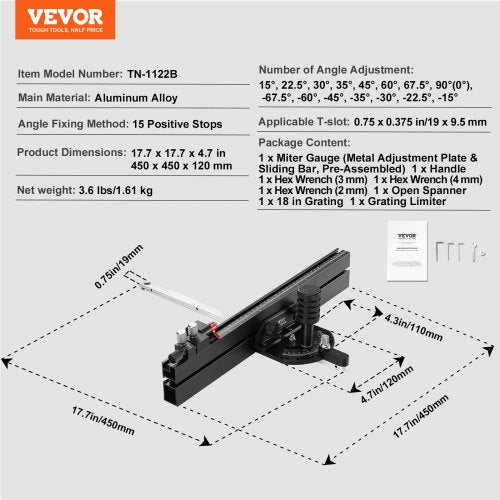 Precision Miter Gauge Standard Slot 34 x 38 Aluminum Alloy Table Saw