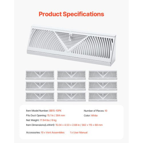 15Inch Floor Registers 10Pack Baseboard Registers HVAC HeavyDuty