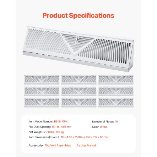 18Inch Floor Registers 10Pack Baseboard Registers HVAC HeavyDuty