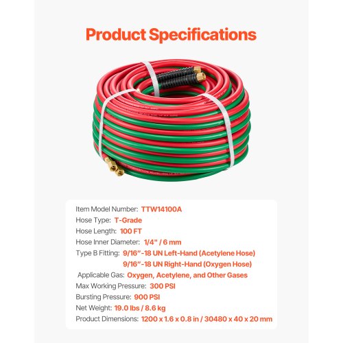 Oxygen Acetylene Hose 14Inch x 100FT Oxy Acetylene Hose with 91618 B