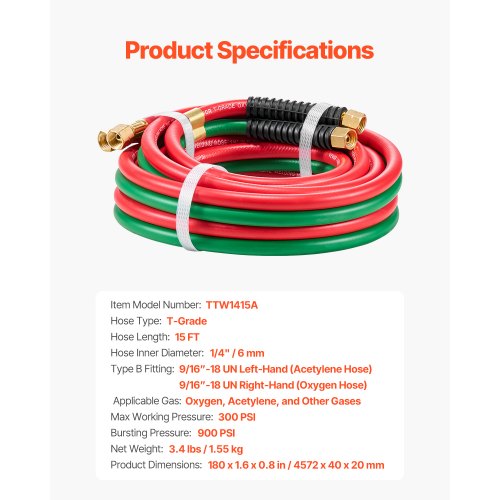 Oxygen Acetylene Hose 14Inch x 15FT Oxy Acetylene Hose with 91618 B