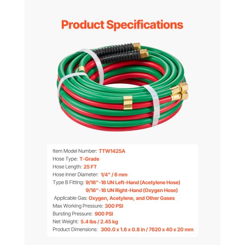 Oxygen Acetylene Hose 14Inch x 25FT Oxy Acetylene Hose with 91618 B