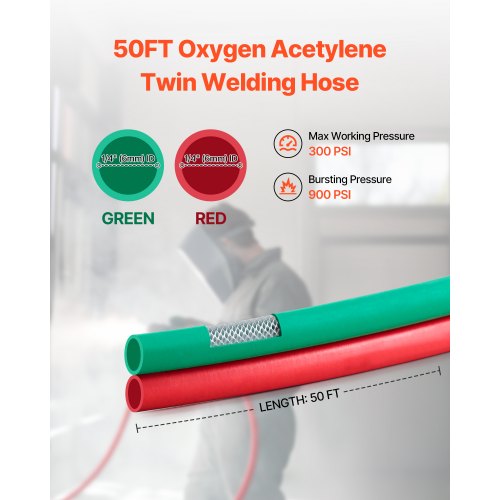 Oxygen Acetylene Hose 14Inch x 50FT Oxy Acetylene Hose with 91618 B