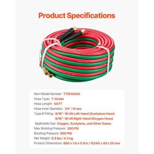 Oxygen Acetylene Hose 14Inch x 50FT Oxy Acetylene Hose with 91618 B