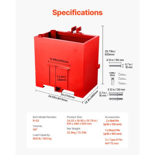 Ballast Box CorrosionProof 3Point Category 1 Tractor Ballast of 800lbs
