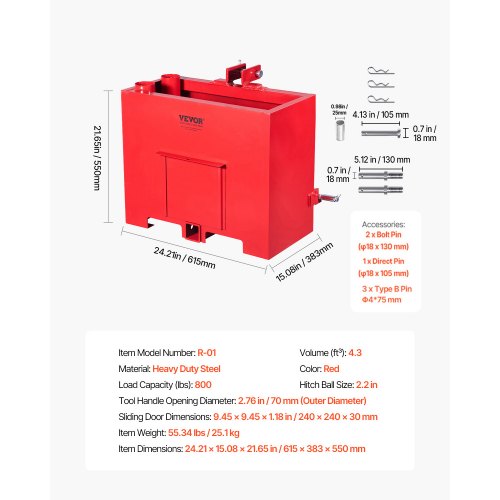 Ballast Box 3Point Category 1 Tractor Ballast of 800lbs Capacity for 2
