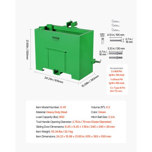 Ballast Box 3Point Category 1 Tractor Ballast of 800lbs Capacity for 2