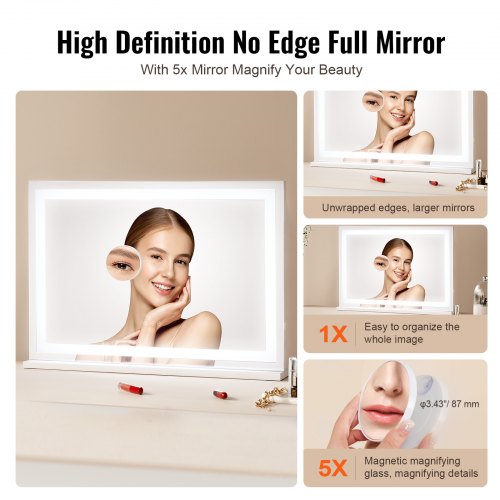Lighted Makeup Mirror 3 Color Vanity w USB Desktop Wallmount 31.5x21.7in