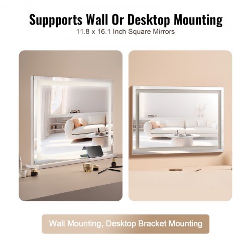 Lighted Makeup Mirror 3 Color Vanity w USB Desktop Wallmount 31.5x21.7in