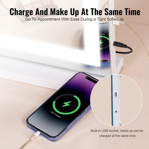 Lighted Makeup Mirror 3 Color Vanity w USB Desktop Wallmount 31.5x21.7in