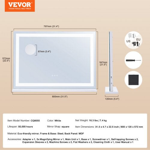 Lighted Makeup Mirror 3 Color Vanity w USB Desktop Wallmount 31.5x21.7in