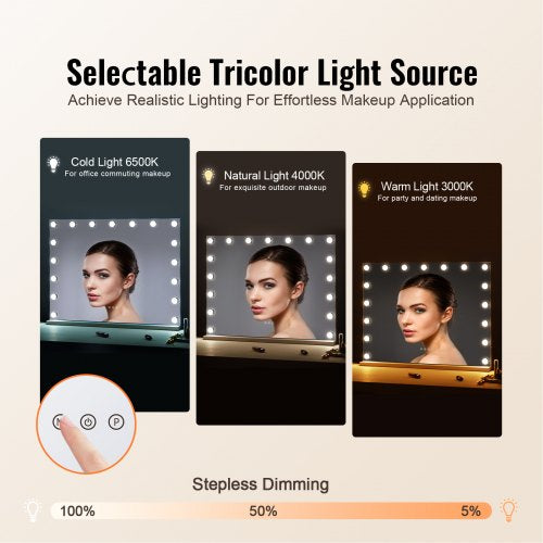 Hollywood Vanity Mirror With Lights Dimmable Bulbs 3 Color Lighting Modes