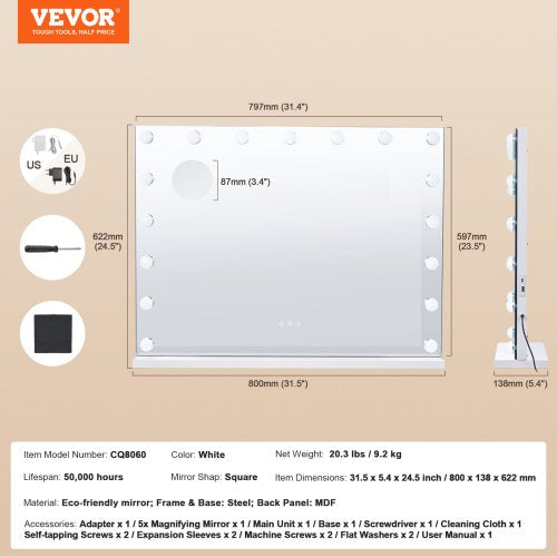 Hollywood Vanity Mirror With Lights Dimmable Bulbs 3 Color Lighting Modes