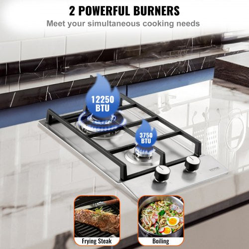 Gas Cooktop 12 inch Max 12250BTU 2 Burners Builtin Stainless Steel Gas