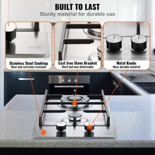Gas Cooktop 12 inch Max 12250BTU 2 Burners Builtin Stainless Steel Gas