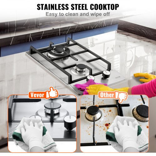 Gas Cooktop 12 inch Max 12250BTU 2 Burners Builtin Stainless Steel Gas
