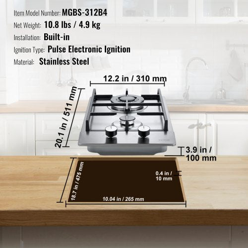 Gas Cooktop 12 inch Max 12250BTU 2 Burners Builtin Stainless Steel Gas