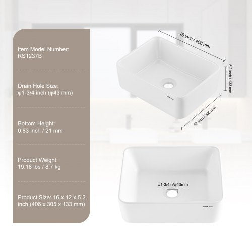 Rectangle Vessel Sink 16 x 12 Bathroom Vessel Sink Countertop White
