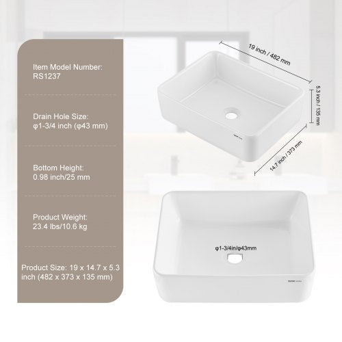 Rectangle Vessel Sink 19 x 147 Bathroom Vessel Sink Countertop White