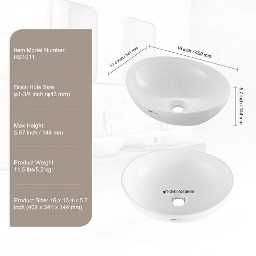 Oval Vessel Sink 16 x 134 Bathroom Vessel Sink Bowl Countertop White