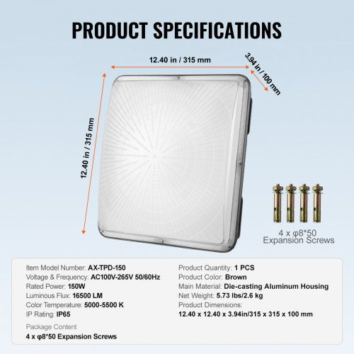 LED Canopy Light 150W 16500LM 5000K Daylight Commercial Industrial Outdoor