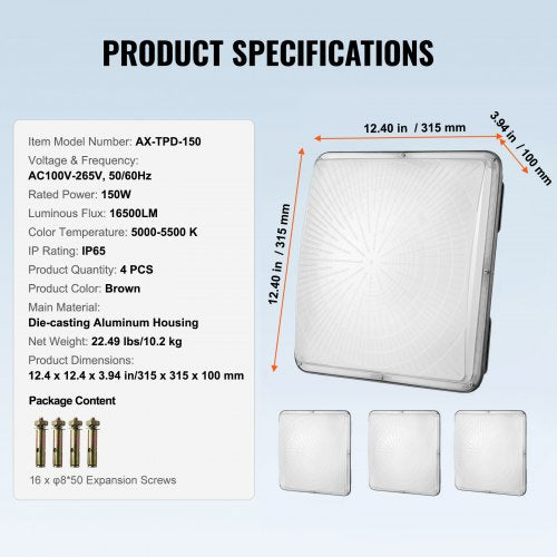 4 Pack LED Canopy Lights 150W 16500LM 5000K Daylight Commercial Industrial