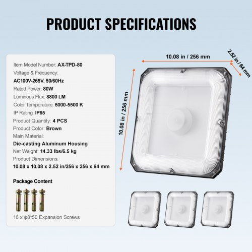 4 Pack LED Canopy Lights 80W 8800LM 5000K Daylight Commercial Industrial